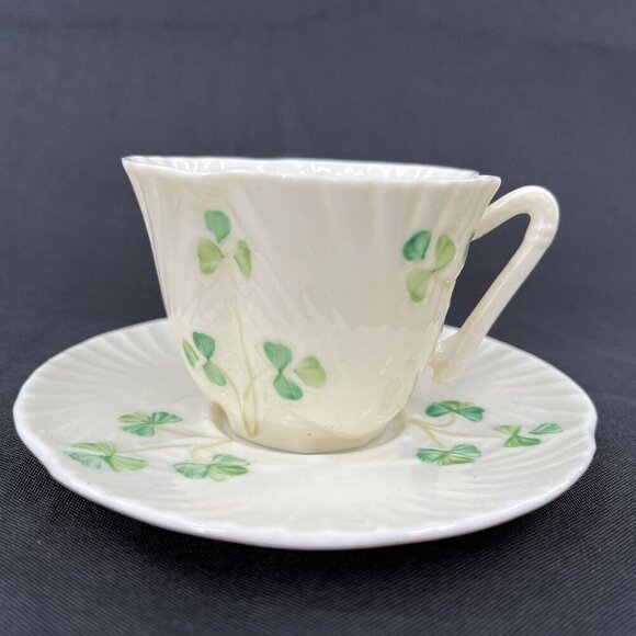 Belleek Shamrock Shell Cup Saucer Harp Handle Green Mark 1965-1981 Vtg Porcelain - Picture 1 of 10
